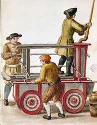 Bruk av vannpumpe eller hydraulisk pumpe Akvarelltegning og blekk fra et manuskript av Jan van Grevenbroeck (eller Giovanni Grevembroch (Grevenbroch) (1731-1807)