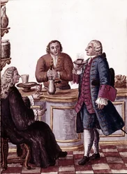 Venetianske adelsmenn på kaffe, en av dem nyter en sjokolade. Akvarelltegning og blekk fra manuskriptet «Venitianernes skikker»» av Jan van Grevenbroeck (eller Giovanni Grevembroch (Grevenbroch)
