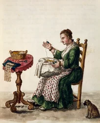 Kvinne som lager punto i aria-nålkniplinger, ca 1754, illustrasjon fra illustrert bok med venetianske kostymer, bind III, c 147, av Jan Grevenbroek (1731-1807), akvarell, Italia