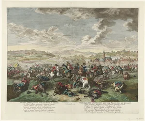 Rytterkamp i Nord-Italia, ca. 1702-1703 Pugna Germanorum et Gallorum in Italia / Slaget om tyskerne med franskmennene i Italia (tittel på objekt)