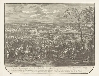 Slag bij Senta, 1697 Visning og representasjon av slaget ved Zenta, gitt 11. september 1697 (tittel på objekt)