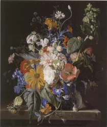 Blomsterstilleben og snegler på en steinhylle