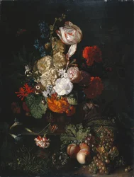 Stilleben: blomster og frukt, ca. 1700-20 (olje på panel)