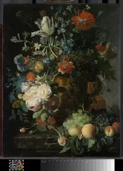 Stilleben med blomster og frukt