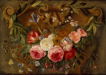 Dekorativ stilleben-komposisjon med en krans av blomster, midten av 1600-tallet