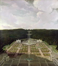 Utsikt fra hagen og grotten ved foten av fossene til oktogonen, etter 1716