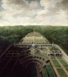 Utsikt over Karlsberg-komplekset fra Cascades and Gardens til Octogon, etter 1716