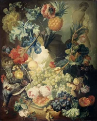 Stilleben med blomster, frukt og fugler