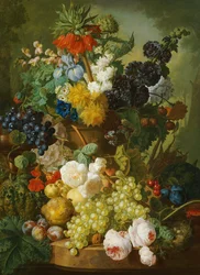 Stilleben av blomster og frukt