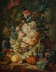 Stilleben med frukt og blomster