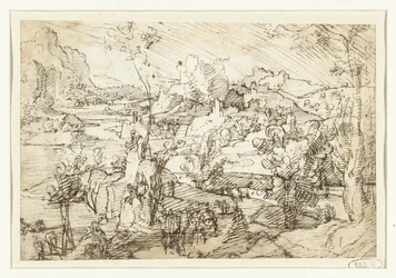 Landskap med steiner, figurer og et seilskute