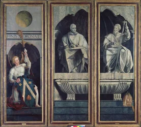 Engel presenterer St. Stefan og St. Jakob den større med våpnene til Jacques Coëne, abbed av Marchiennes, fra Polyptych of St. Stephen og St. James the Greater, ca. 1541