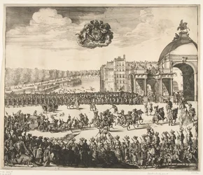 Inntreden av kong Vilhelm III i Haag, 1691 På Blyde, mye ønsket, og først Royal Inhalingh av William III, konge av England, Skottland, Vranckryck og Yerlandt, etc. Binnen Haag den 5. februar i den Jaere 1691 (tittel på