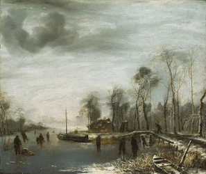 Et vinterlandskap med skatere og Colf-spillere på en frossen vannvei, 1653