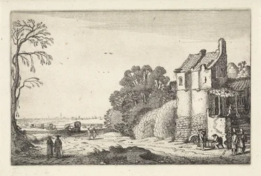 Figurer ved et hus og overbygde vogner på en landevei Landskap (serietittel) Amenissimae aliquot requculae (serietittel)