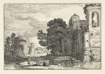 Figurer ved et slott ved en elv Landskap (serietittel) Amenissimae aliquot requculae (serietittel)