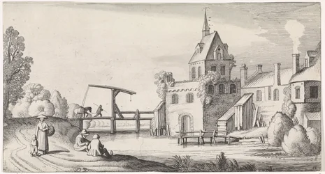Figurer ved en vindebro for en landsby med kirketårn Playsante-landskap og underholdende severdigheter (serietittel)