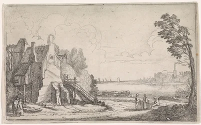 Figurer ved et falleferdig hus ved en elv Elvelandskap (serietittel)