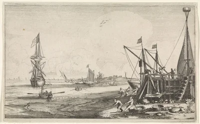 Havnehode med fiskere som drar inn garnene sine Seascapes (serietittel)