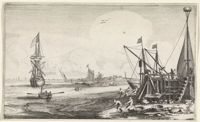 Havnehode med fiskere som drar inn garnene sine Seascapes (serietittel)