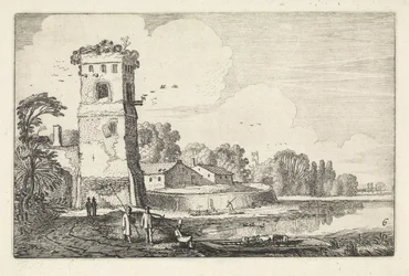 Pont med sauer nær et tårn i et elvelandskap Landskap (serietittel) Amenissimae aliquot requculae (serietittel)