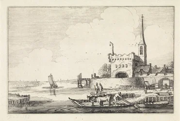 Pont med storfe ved et fort i et elvelandskap Landskap (serietittel) Amenissimae aliquot requculae (serietittel)