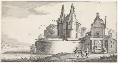 Soldater ved et fort og en byport ved en elv Playsante Landscapes og Vermakelycke Gesichten (serietittel)