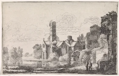 To munker ved et kloster i et elvelandskap Elvelandskap (serietittel)