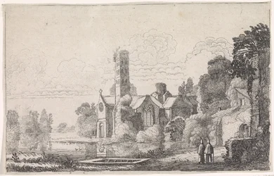To munker ved et kloster i et elvelandskap Elvelandskap (serietittel)