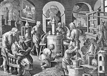 Distillatio.: In igne succus omnium, arte, corporum, Vigens fit unda, limpida and potissima. 16th century engraving by Jan van der Straet, on the different stages of distillation.