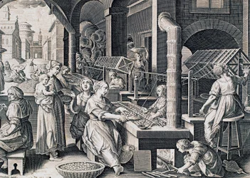 Vermis sericus, kvinner som spinner silke og varmer silkeorm i brann, gravering av Stradanus (1523-1605), Italia