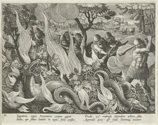 Fange slanger i India ved å bruke køller og fakler for å tenne underskogen, tallerken 44 fra puben Venationes Ferarum, Avium, Piscium (Of Hunting: Wild Beasts, Birds, Fish). 1640