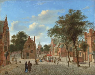 Utsikt over et torg, med en prosesjon under festen for Corpus Christi og figurer som kneler foran verten, ca. 1637–1712 (olje på lerret)