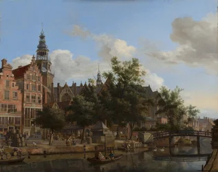 Utsikt over Oudezijds Voorburgwal med Oude Kerk i Amsterdam