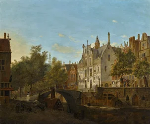 Utsikt over Oude Delft med Gemeenlandshuis