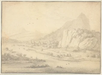Fjellrikt elvelandskap med båter
