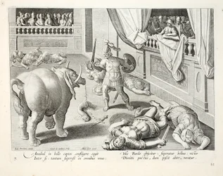 Hannibal får beseirede romere til å kjempe mot hverandre, illustrasjon fra 'Venationes, Ferarum, Avium, Piscium' (Of Hunting: Wild Beasts, Birds, Fish), gravert av Jan Collaert (1566-1628), pub. av Phillipus