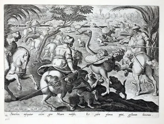 Maurere til hest på strutsejakt, plansje 62, illustrasjon fra «Venationes, Ferarum, Avium, Piscium» (Om jakt: ville dyr, fugler, fisk), gravert av Jan Collaert (1566-1628), utgitt ved Phillipus