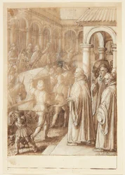 Historien til S. Giovanni Alberti Fiorentino. På torget anklager helgenen biskopene i Firenze for simoni(?)