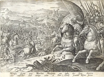 Slaget ved Labadia si Sena og St. Abonda, plate 3 fra 'The History of the Medici', gravert av Philip Galle (1537-1612), ca. 1583