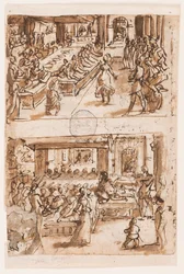 Dans av Salome; Verso, over: Daniels tolkning av den andre drømmen til kong Nebukadnesar, foreløpig design for "Spiritus Consilii" (Rådets ånd), plate 3 i trykkserien "The Seven Gifts of the Holy Spirit" ; Verso, under: To ovaler, o