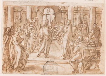 Peter og John Forhørt av Høyrådet, foreløpig design for "Spiritus Scientiae" (Vitenskapens ånd), plate 5 i utskriftsserien "Seven Gifts of the Holy Spirit"