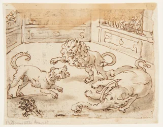 Rekt: Alexander den store ser på en kamp mellom hunden hans, elefanten og en løve; Verso: Verso: inskripsjon knyttet til Plinius den eldstes naturhistorie, bok 8, kap. 61