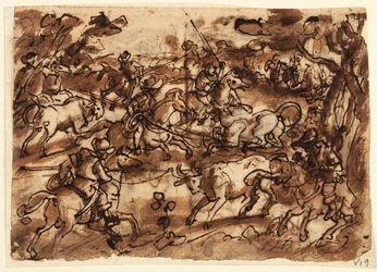 Recto: Oksejakt med lassos; Verso, over: Bjørnejakt av Men in Armor; Verso, under: Jakt på apekatter ved bedrag; alle foreløpige design for Venationes-serien