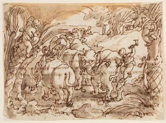 Rekto: Elephants Hunted by Troglodytes [hulemennesker]; Verso: inskripsjon knyttet til Plinius den eldstes naturhistorie, bok 8, kap. 8