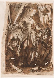 Rekto: Judith med hodet til Holofernes; Verso, venstre: Judith med hodet til Holofernes; Verso, til høyre: foreløpig design for tittelside for trykt serie av De syv dyder