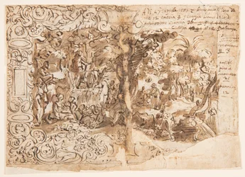 Recto: Tapetdesign med døperen Johannes som forkynner (eller Kristus blant tilskuerne); Verso: inskripsjon