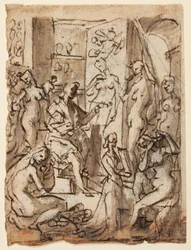 Rekt: Zeuxis maleri Helen; Verso: Studier av figurer for en illustrasjon av den åttende sirkelen, tiende bolgia av Dantes Inferno (Falsifiers: Master Adamo, Sinon of Troy, Potifar