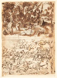 Recto, over: Diana og Actaeon; Recto, under: Villsvinjakt; Verso, over: studier av to mannlige hoder; Verso, under: Møte mellom Anna og Joachim ved Golden Gate, Kristus-barnets omskjæring