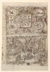 Recto, over: Foreløpig design for tittelside til Vermis Sericus ("The Introduction of the Silkworm") utskriftsserie; Recto, under: Foreløpig design for pl. 3 (Inkubasjonen av silkeormegg); Verso, over: Ufullstendig foreløpig design for tittelside til